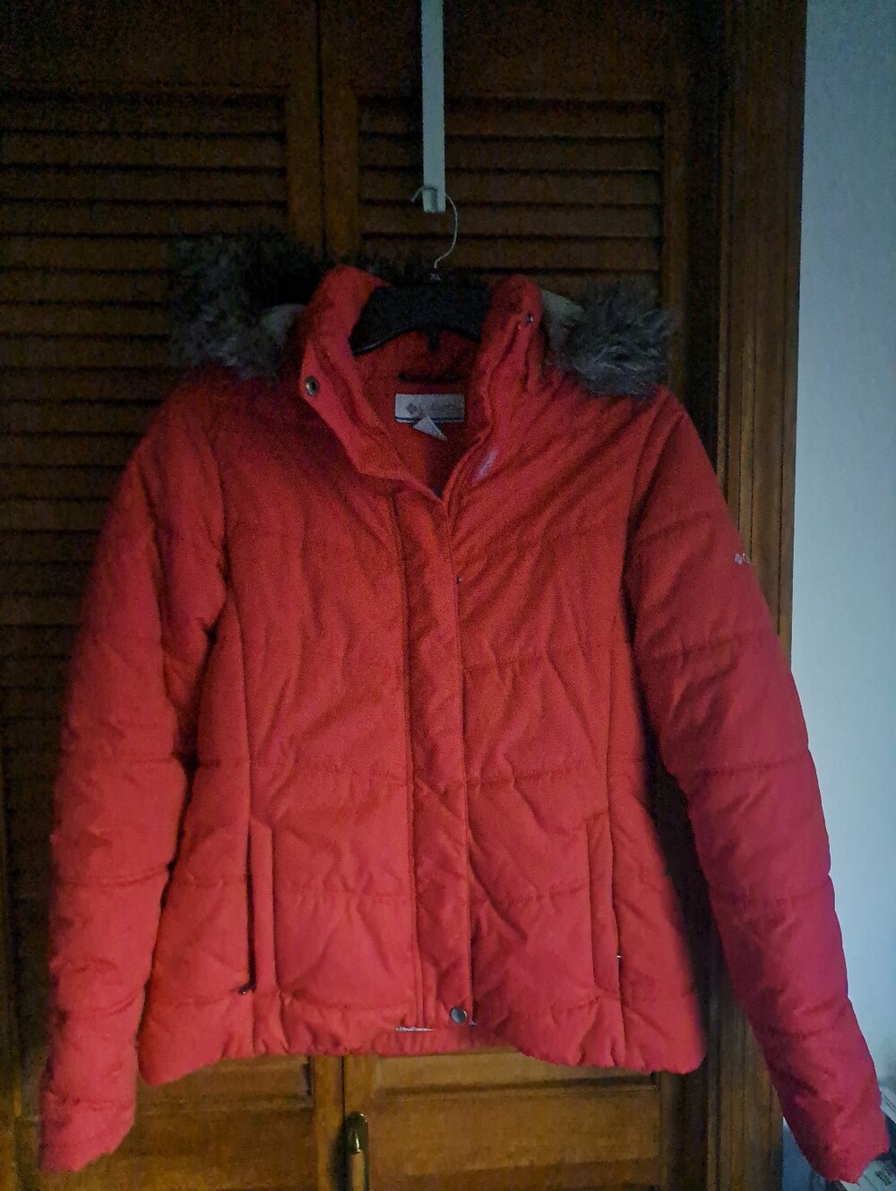 Columbia Red Quilted Puff Jacket with Faux-Fur Trimmed Hood
